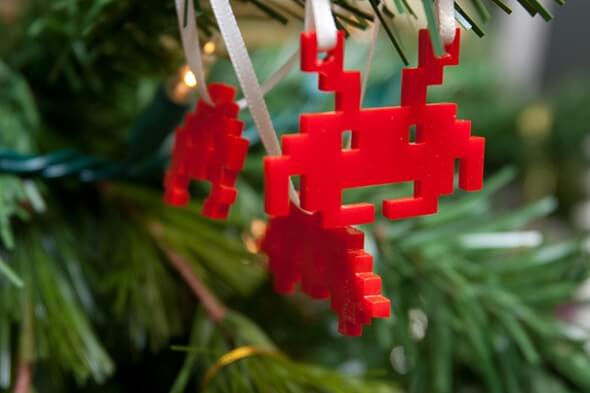 Space Invaders-inspired Christmas tree ornaments