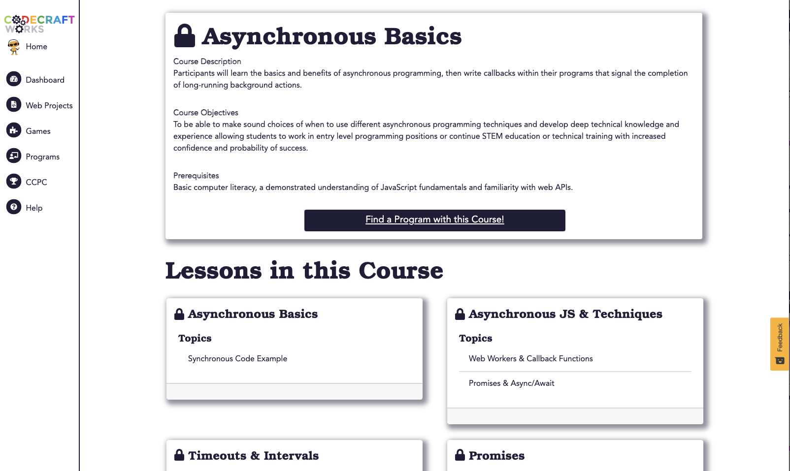 A screenshot of an online course on Asynchronous Basics. It lays out a Course Description, Course Objectives, Prerequisites, and associated Lessons in the course.