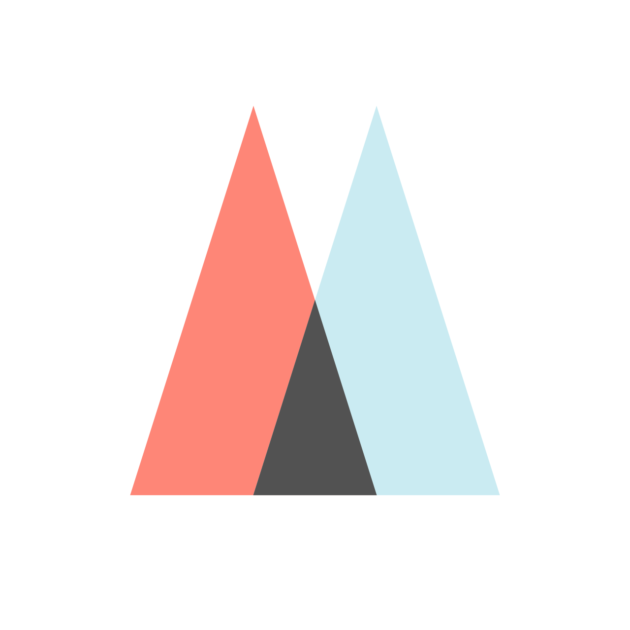 The logo for the Meaningful Entrepreneurship Program: An orange triangle that intersects with a light blue triangle slightly to the right of it. The place where the two triangles intersects forms a smaller, dark gray triangle.