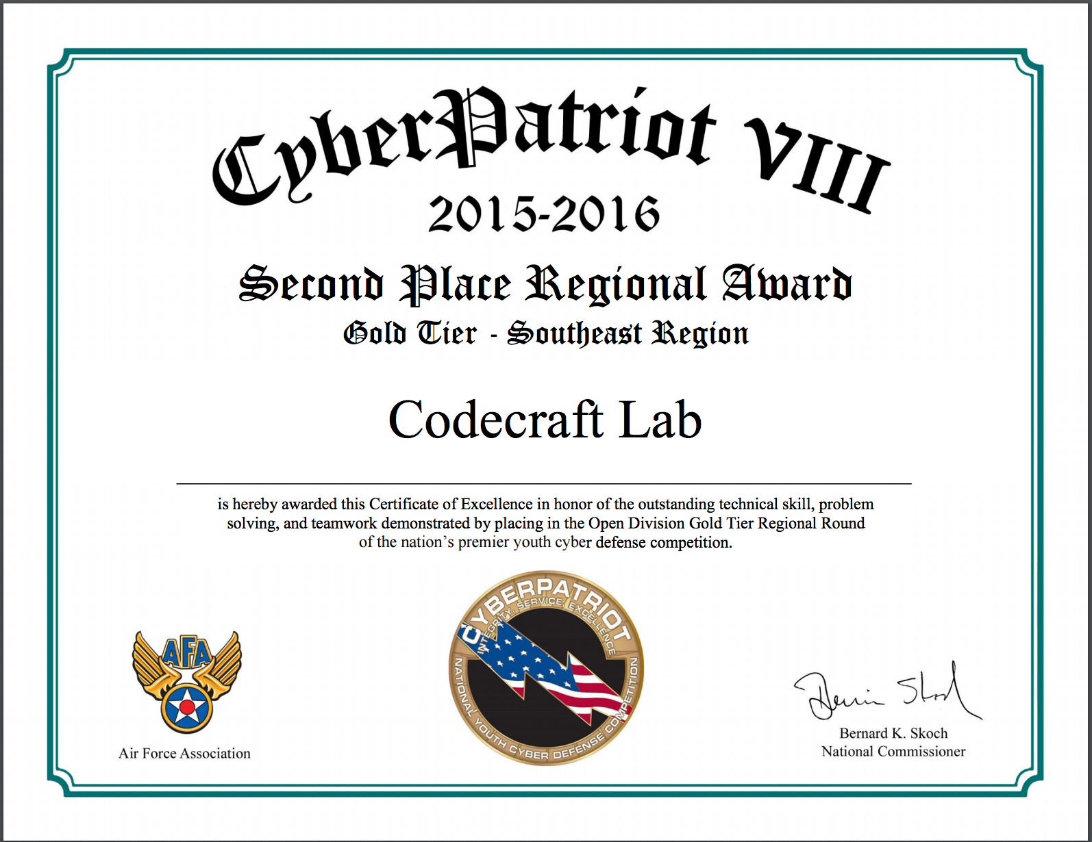 Codecraft Lab Cyber Patriot 2nd Place Southeast Region