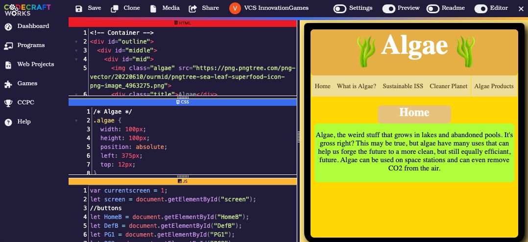 Image of the Codecraft Works Student Web App entitled Algae