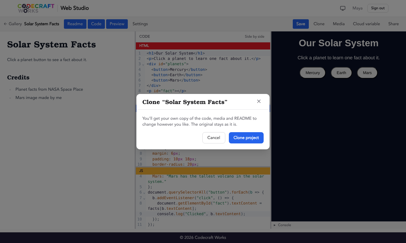 A pop-up titled "Clone 'Solar System Facts'" that reads "You'll get your own copy of the code, media and README to change however you like. The original stays as it is." with "Cancel" and "Clone project" buttons.
