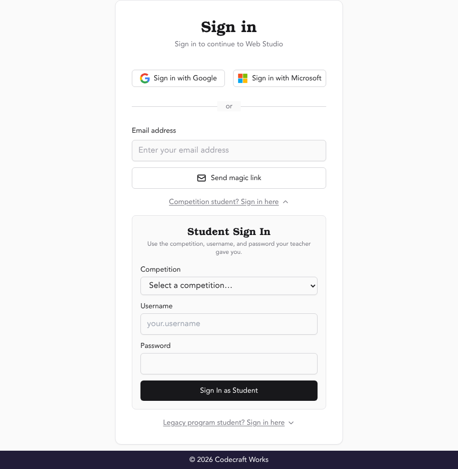 The "Student Sign In" section of the Codecraft ID page, asking for a Competition, Username, and Password, with a "Sign In as Student" button.