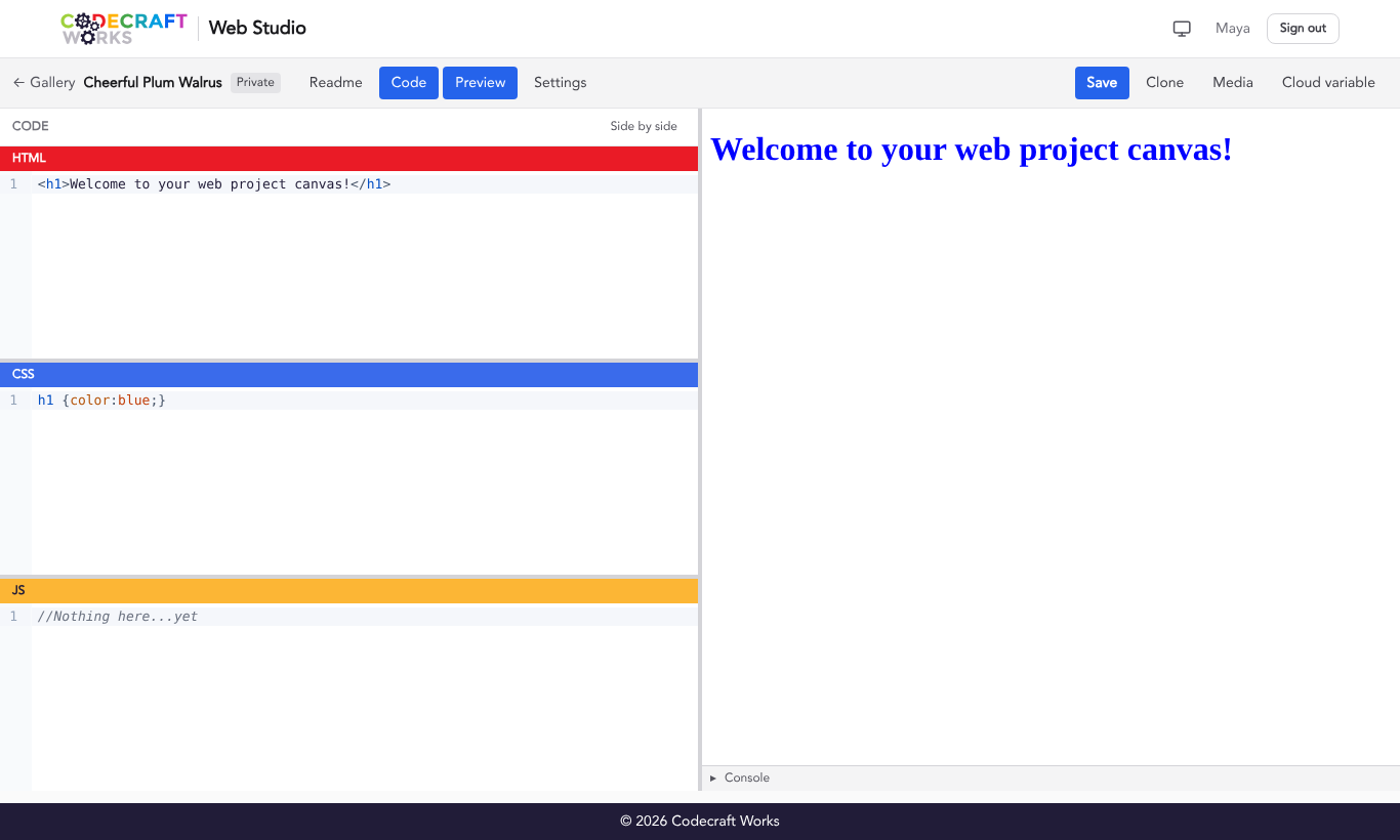 A brand new project in the Web Studio editor. The HTML pane contains "Welcome to your web project canvas!" and the project is labeled "Private."