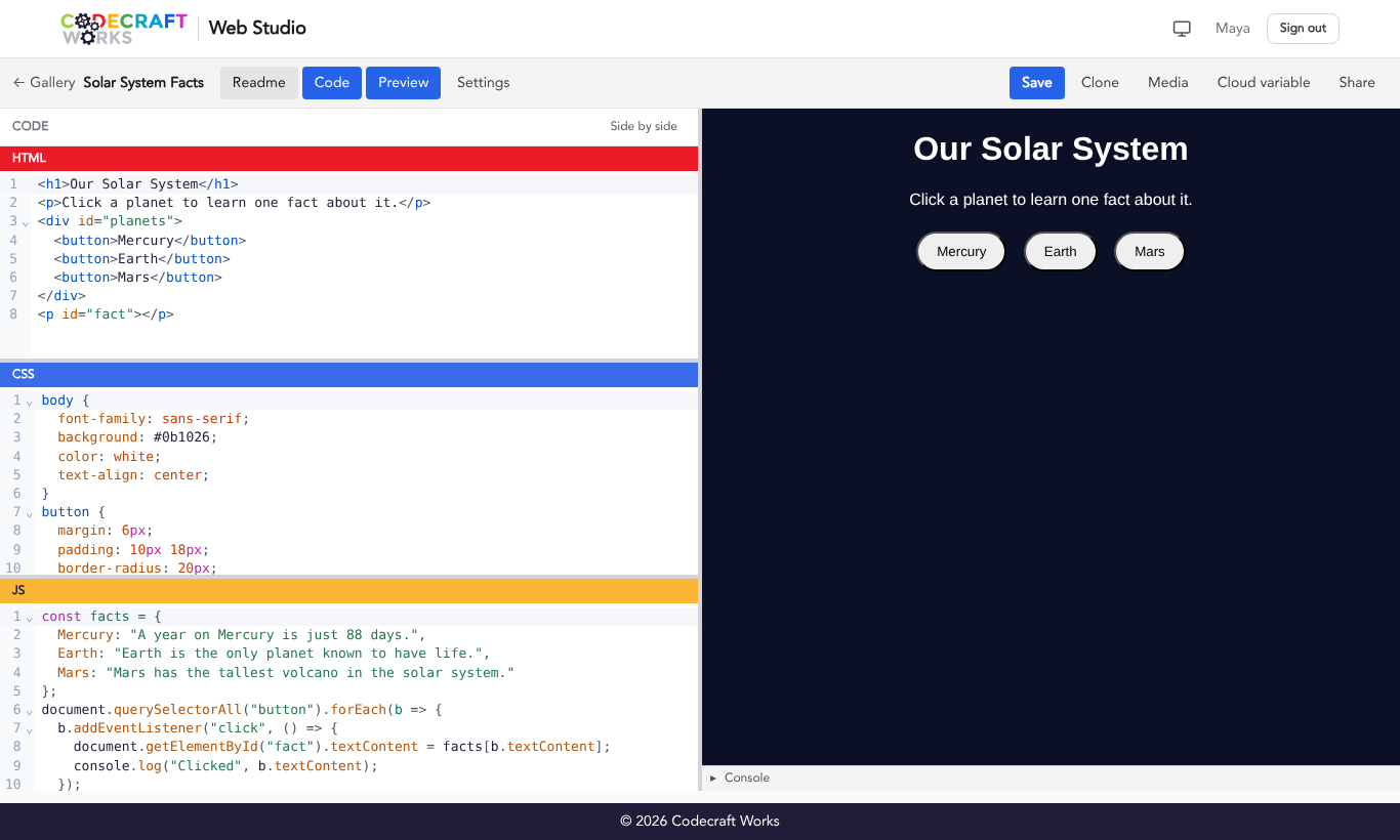 The Web Studio editor with the toolbar at the top, the HTML, CSS, and JS code panes on the left, and the live preview of a "Our Solar System" page on the right.