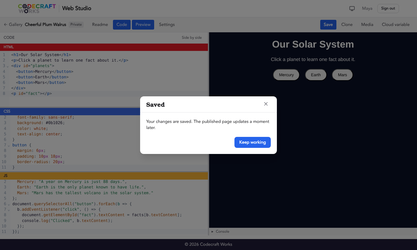 The "Saved" pop-up, which reads "Your changes are saved. The published page updates a moment later." with a "Keep working" button.